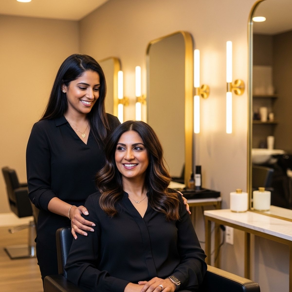 Woman being welcomed at a private hair salon suite at Moxi Hair Studio in McKinney, TX