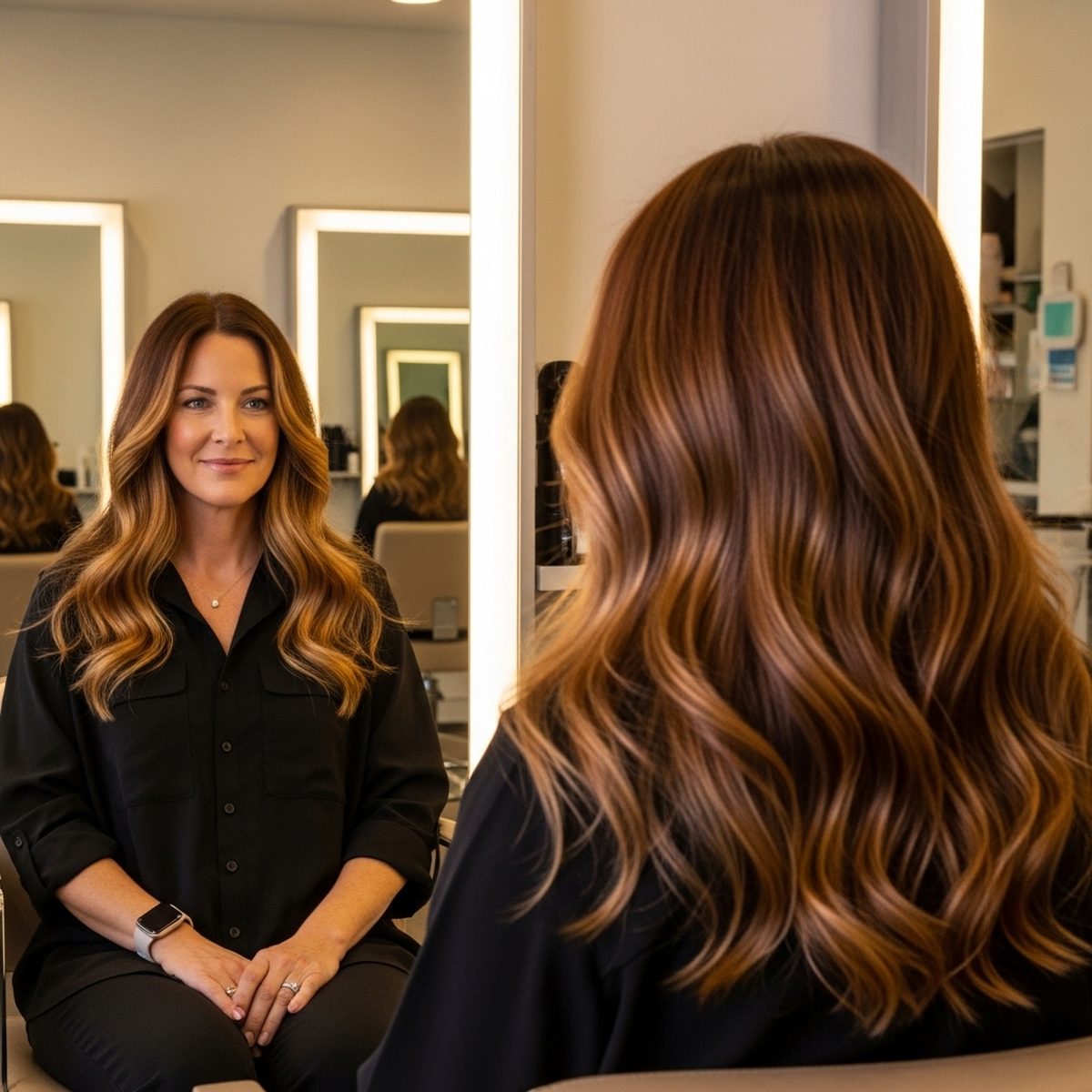 Sun-kissed blonde balayage on wavy hair at Moxi Hair Studio in McKinney, TX