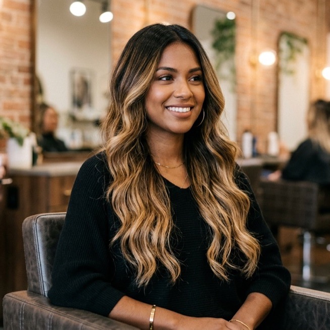 Balayage hair color result showing natural sun-kissed highlights at Moxi Hair Studio McKinney, TX