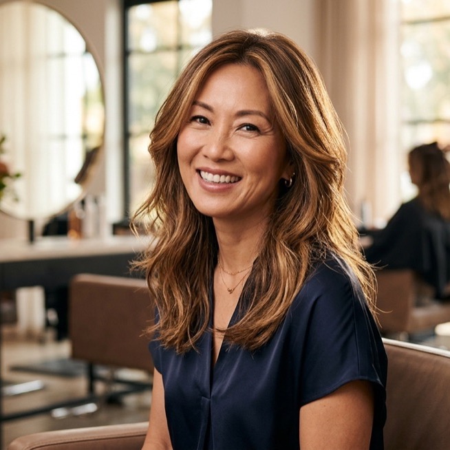 Flattering dimensional hair color on a woman over 50 at Moxi Hair Studio in McKinney, TX