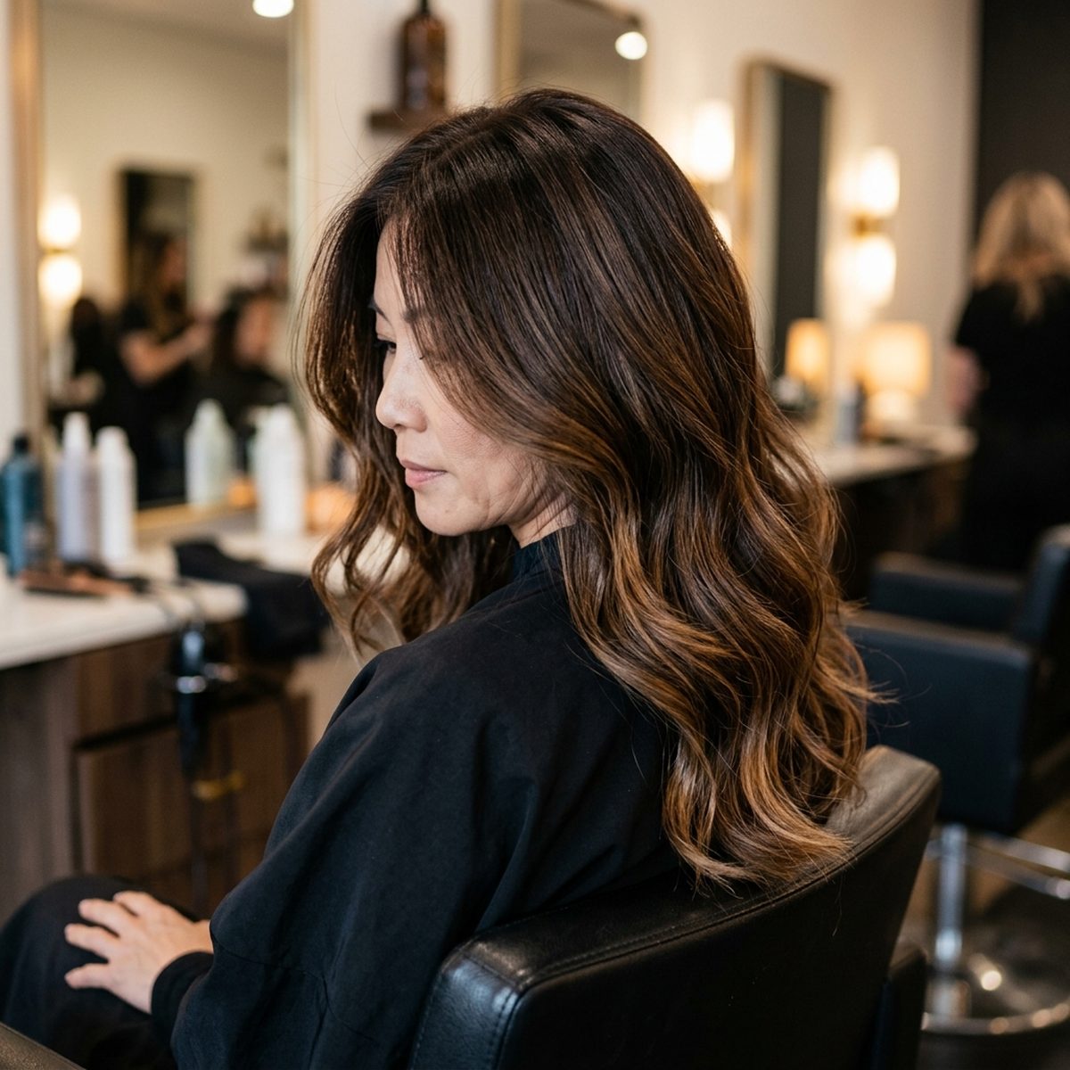 Rich dimensional brunette hair color mid-transition from blonde at Moxi Hair Studio in McKinney, TX