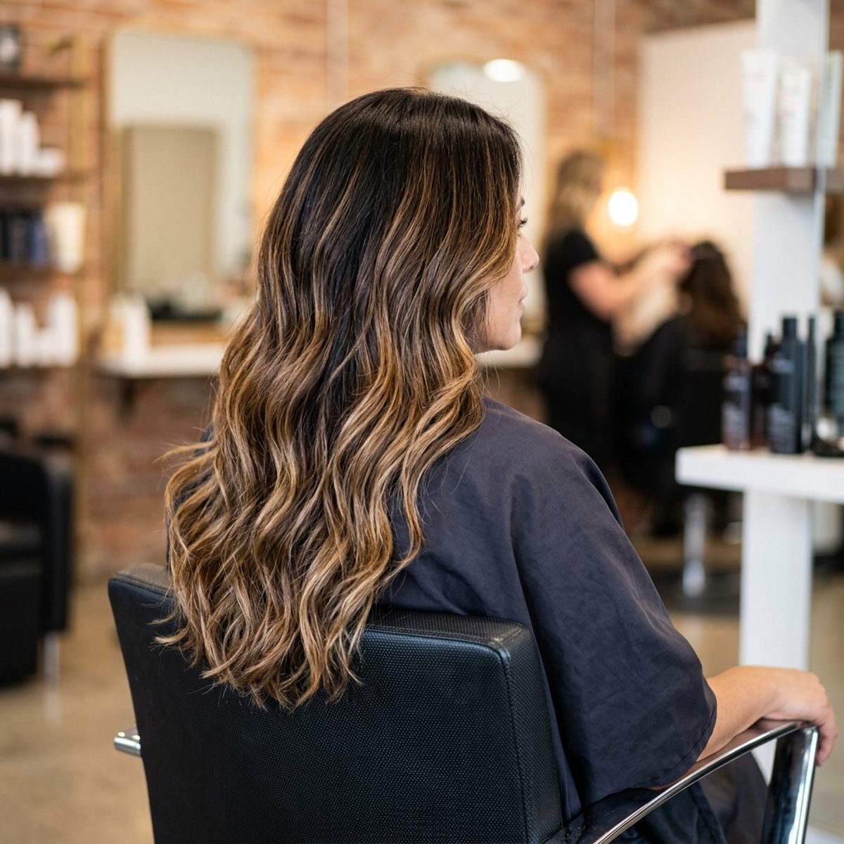 Rich brunette balayage with caramel highlights at Moxi Hair Studio in McKinney, TX