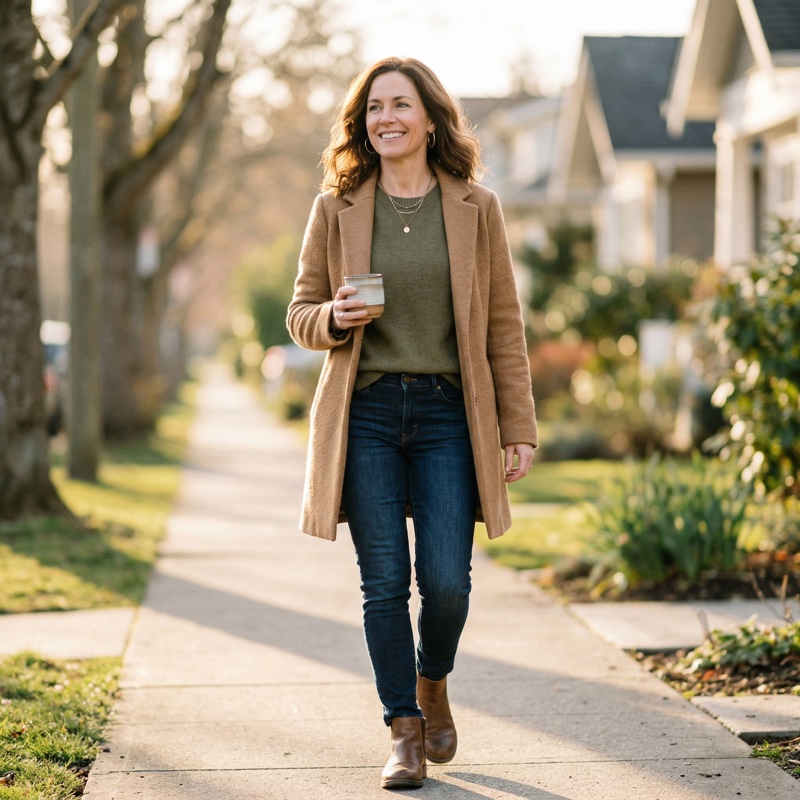 Busy mom walking with coffee and great hair after a salon visit in McKinney, TX