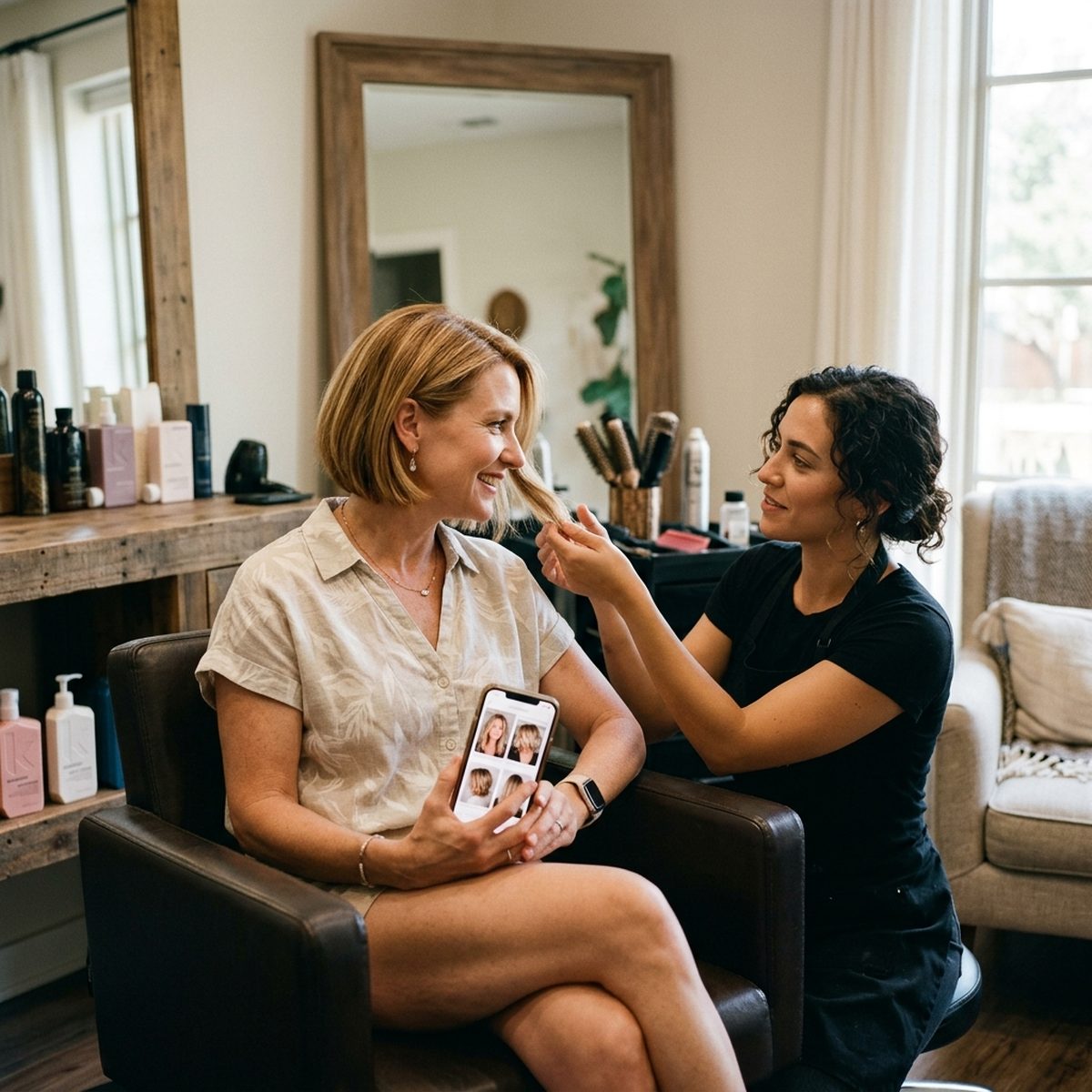 Woman discussing her hair goals with a stylist during a consultation at Moxi Hair Studio in McKinney, TX