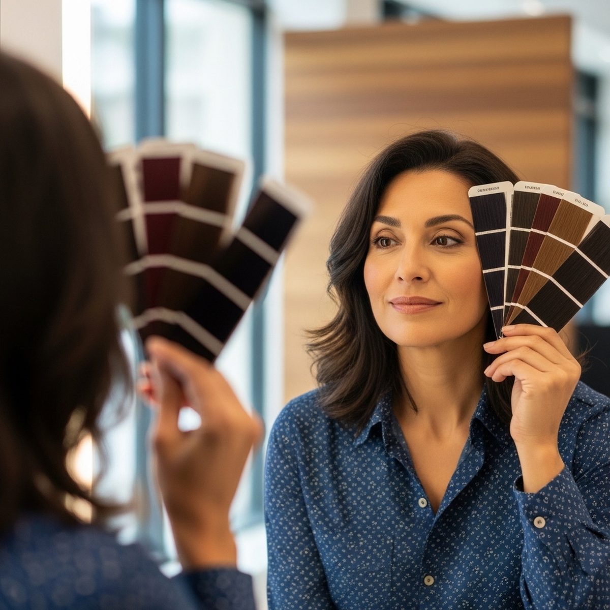 Woman comparing hair color samples with a stylist during a color correction consultation at Moxi Hair Studio in McKinney, TX
