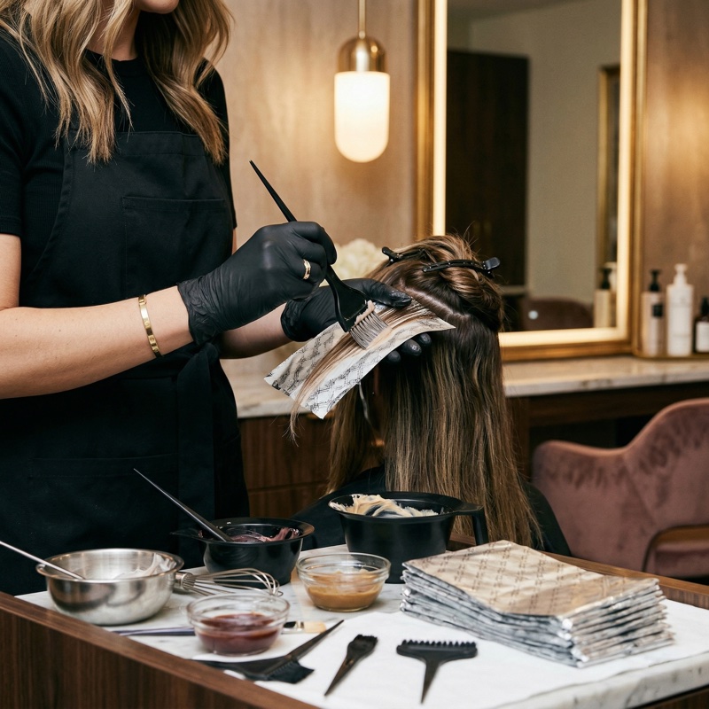 Stylist applying foil color correction at a McKinney, TX hair salon