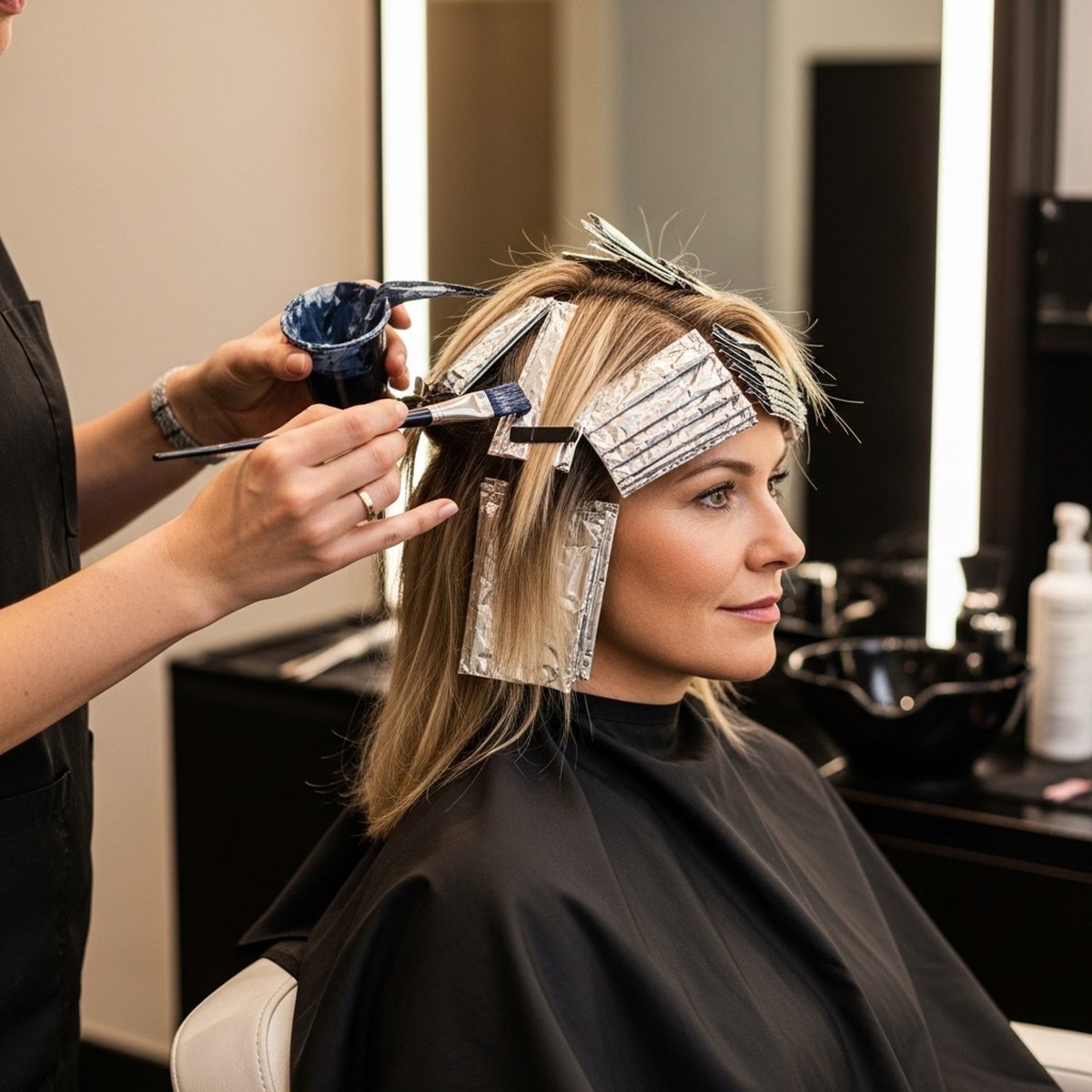 Stylist mid-session applying color correction foils to a client's hair at Moxi Hair Studio in McKinney, TX