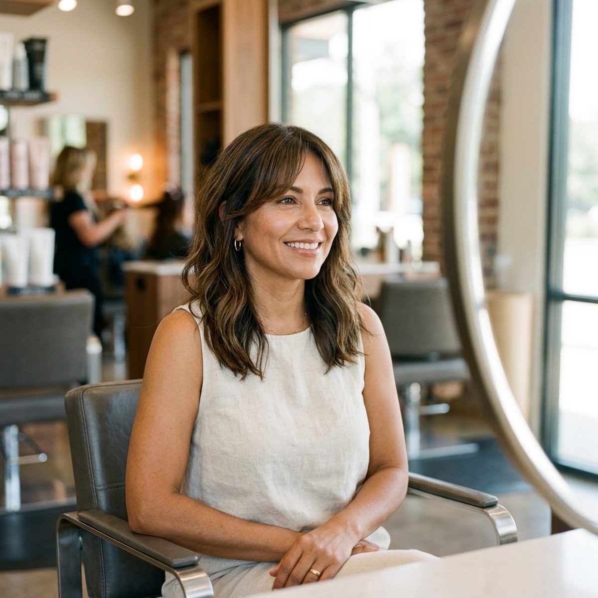 Woman in her 40s with soft curtain bangs framing her face at Moxi Hair Studio in McKinney, TX