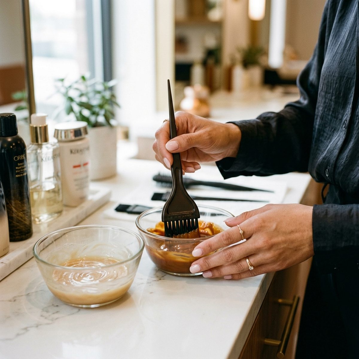 Stylist mixing demi-permanent and permanent hair color formulas in glass bowls at Moxi Hair Studio in McKinney, TX