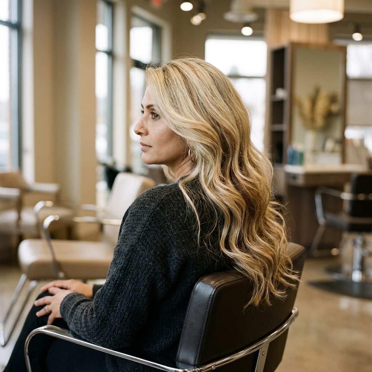 Dimensional blonde hair with soft lowlights woven through at Moxi Hair Studio in McKinney, TX