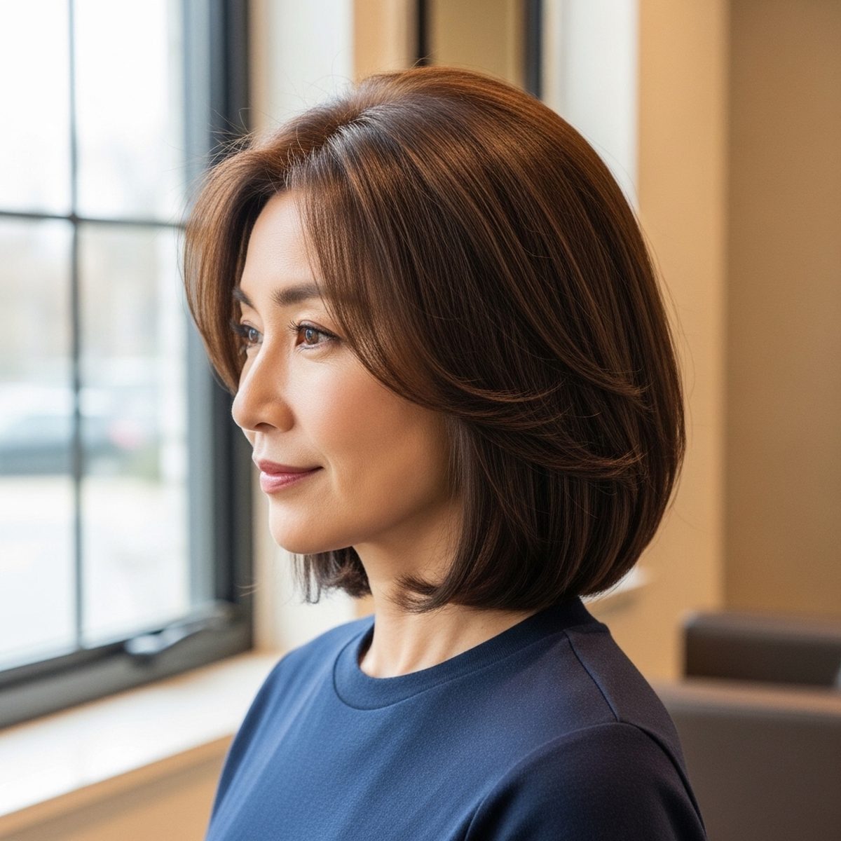 Fine straight hair styled with volume at the crown after a layered haircut at Moxi Hair Studio in McKinney, TX