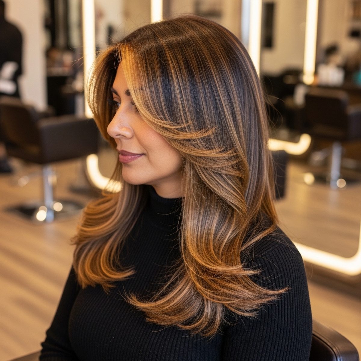 Side-by-side comparison of foilayage and balayage hair color techniques on long brunette hair at Moxi Hair Studio in McKinney, TX