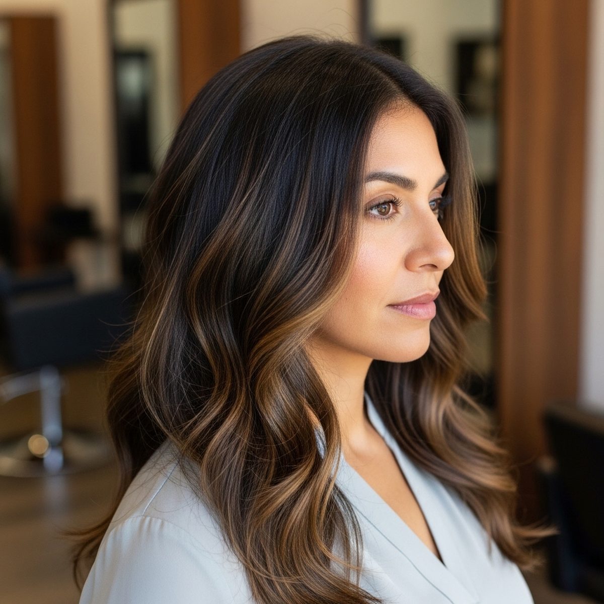 Woman with smoothed wavy hair after an anti-frizz treatment at Moxi Hair Studio in McKinney, TX
