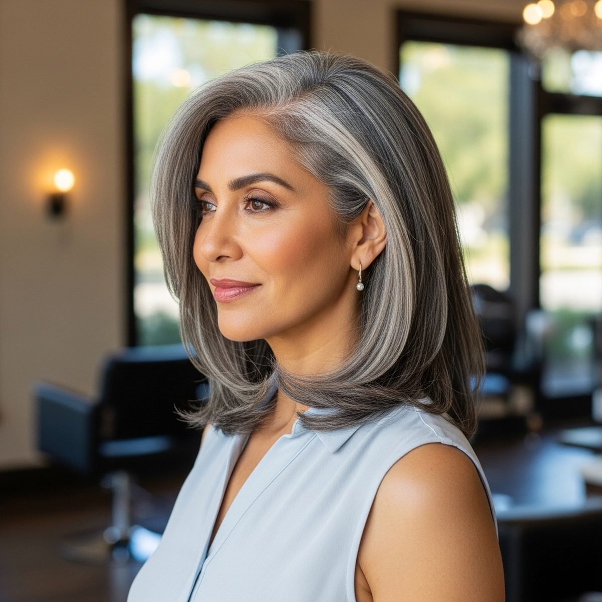 Woman in her 50s with a beautiful natural silver and salt-and-pepper hair transition at Moxi Hair Studio in McKinney, TX
