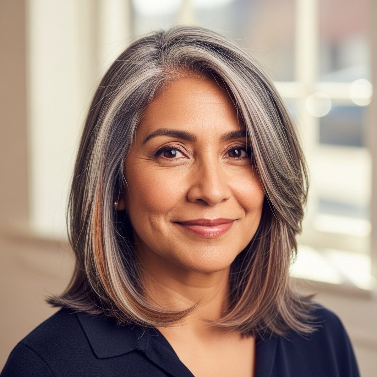 A confident woman with beautifully blended silver and warm-caramel grey coverage hair color at Moxi Hair Studio in McKinney, TX