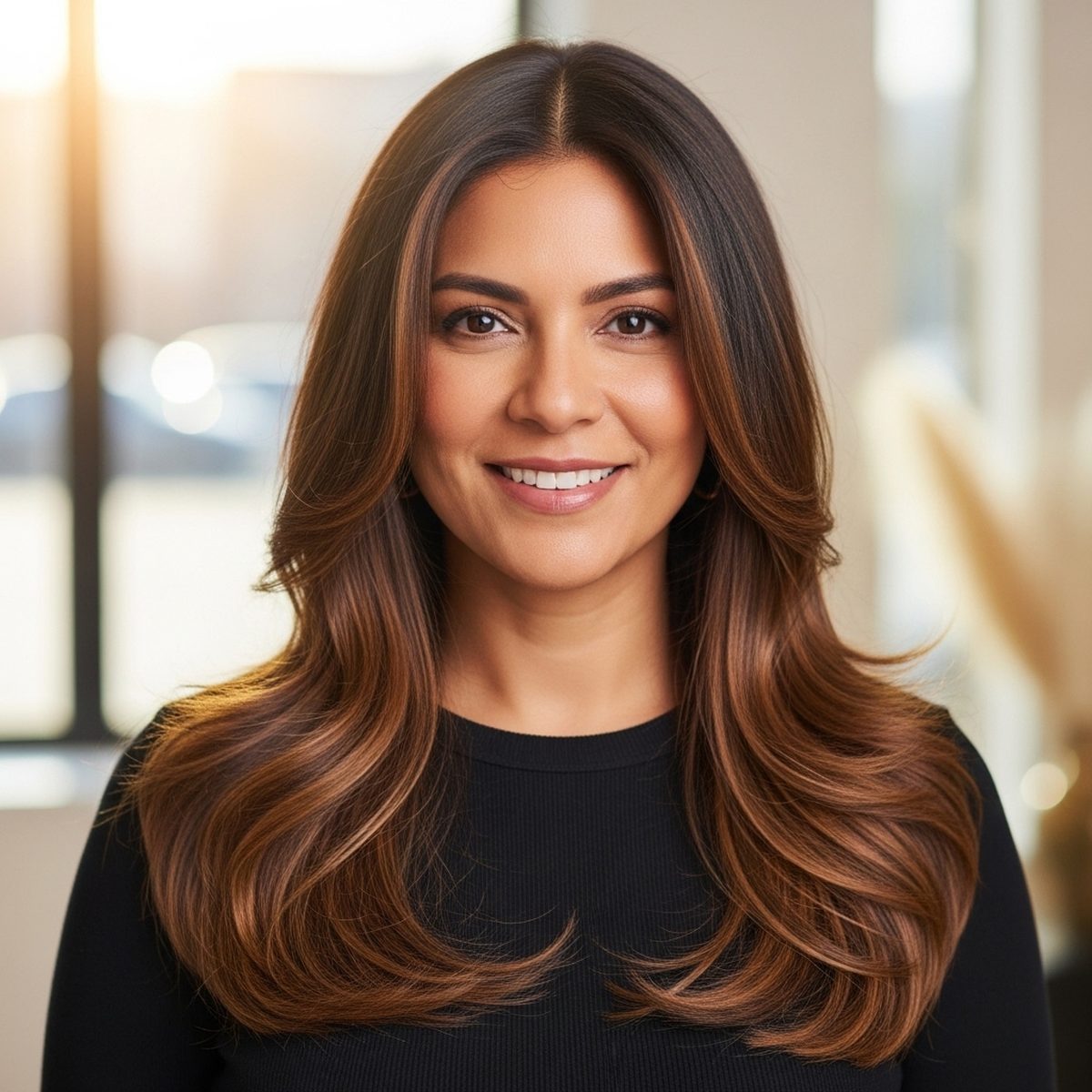 Beautiful long hair with natural hand-tied extensions blending seamlessly at Moxi Hair Studio in McKinney, TX