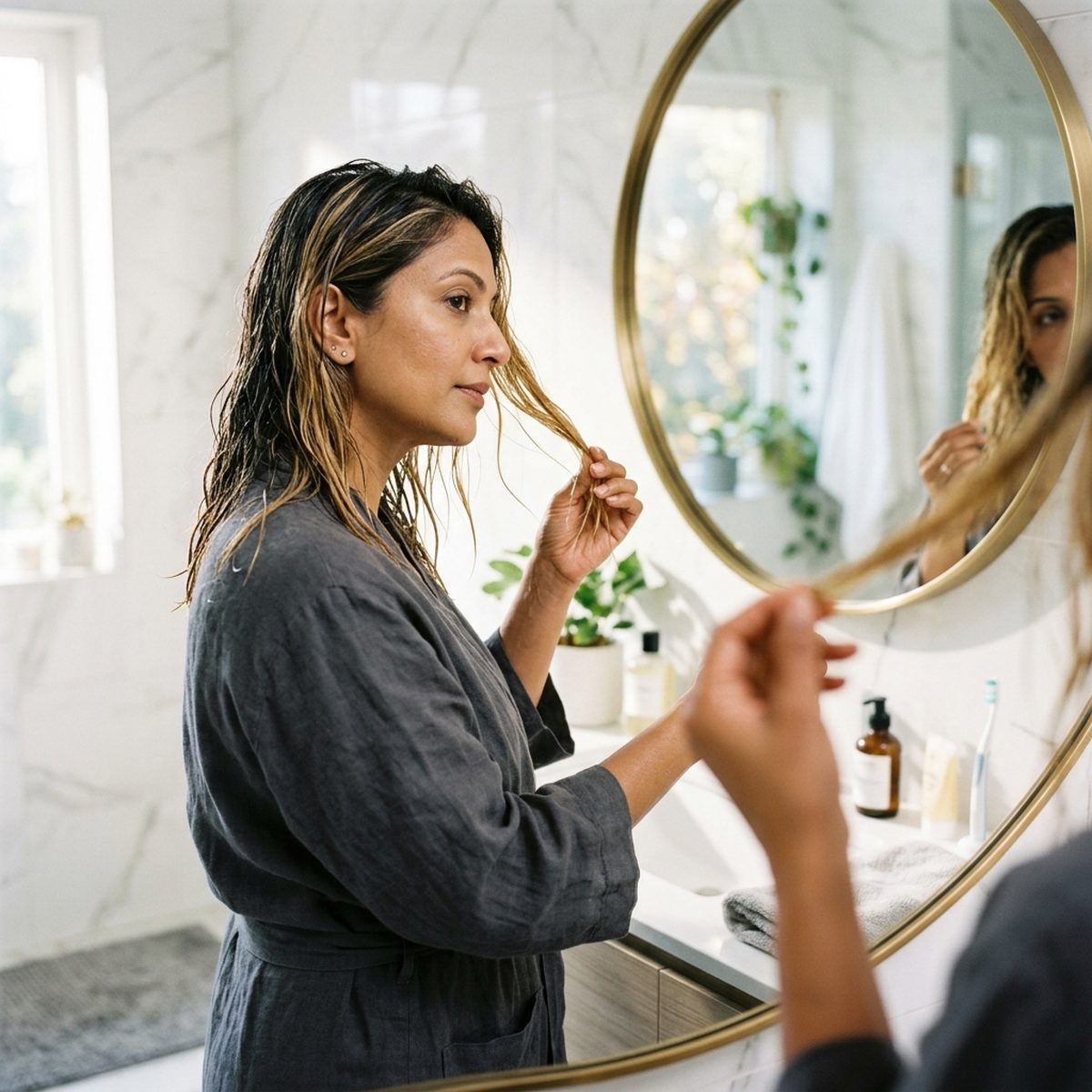 Woman checking dull, mineral-buildup-affected hair color in the mirror after a shower at Moxi Hair Studio in McKinney, TX
