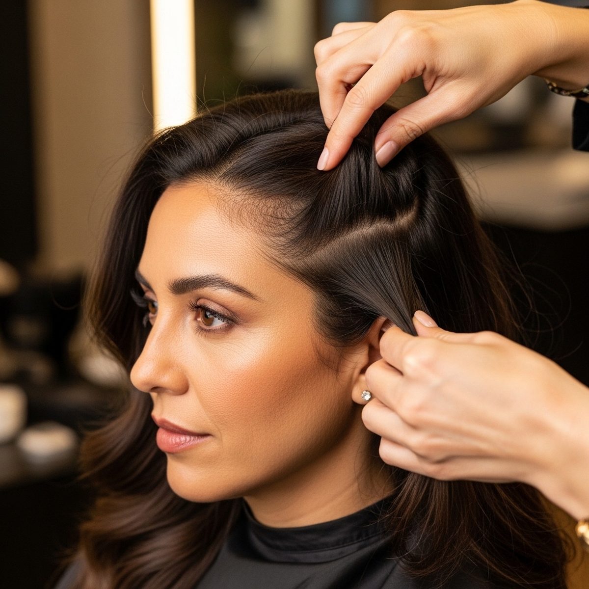 Close-up of a healthy, discreet hair extension attachment point near the scalp at Moxi Hair Studio in McKinney, TX