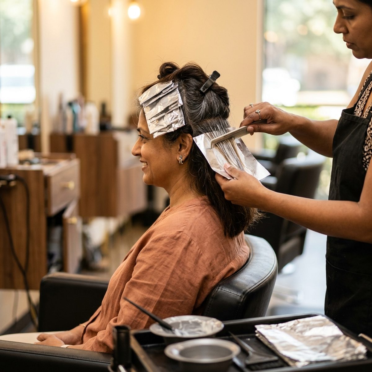 Stylist applying foil highlights to a client's hair at Moxi Hair Studio in McKinney, TX