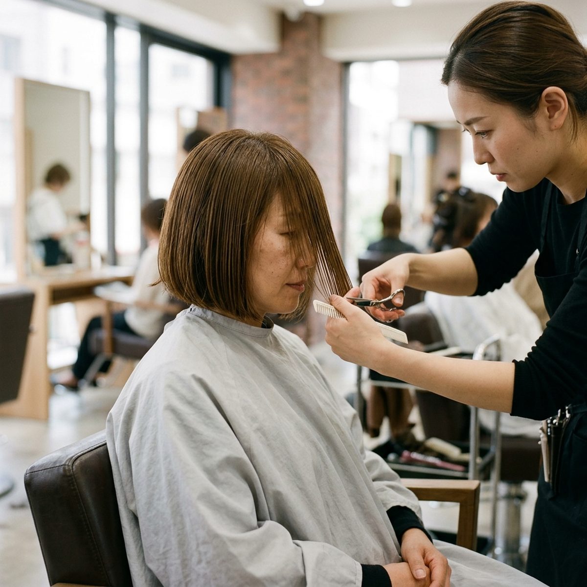 Stylist trimming and length-checking a client's chin-length bob at Moxi Hair Studio in McKinney, TX