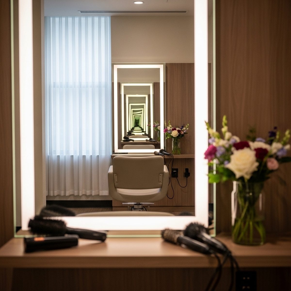 Private salon suite styling station with warm wood tones and soft window light at Moxi Hair Studio in McKinney, TX