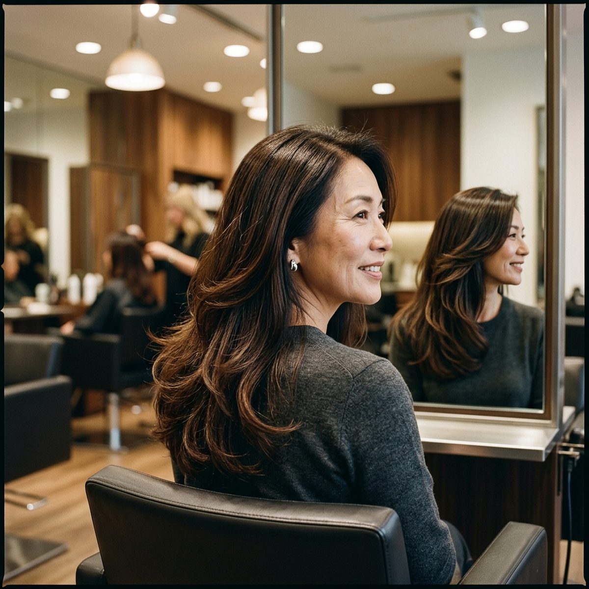 Long healthy hair with soft layers on a woman over 50 at Moxi Hair Studio in McKinney, TX