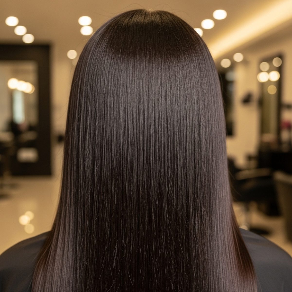 Smoothing treatment products and a flat iron on a styling station after a Magic Sleek and keratin smoothing service at Moxi Hair Studio in McKinney, TX