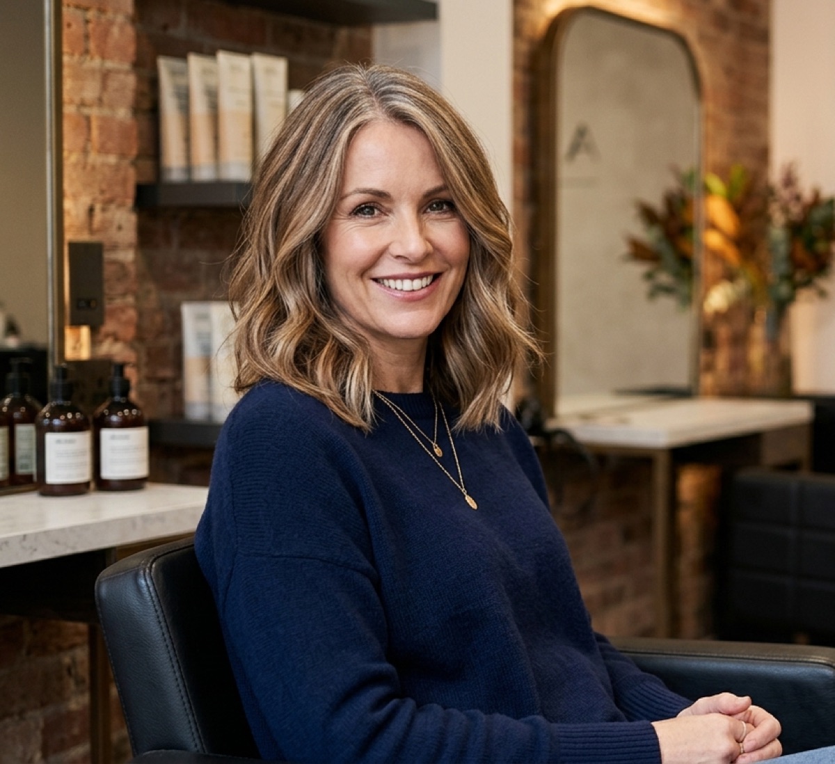 Natural-looking grey coverage hair color on a woman over 40 at Moxi Hair Studio in McKinney, TX