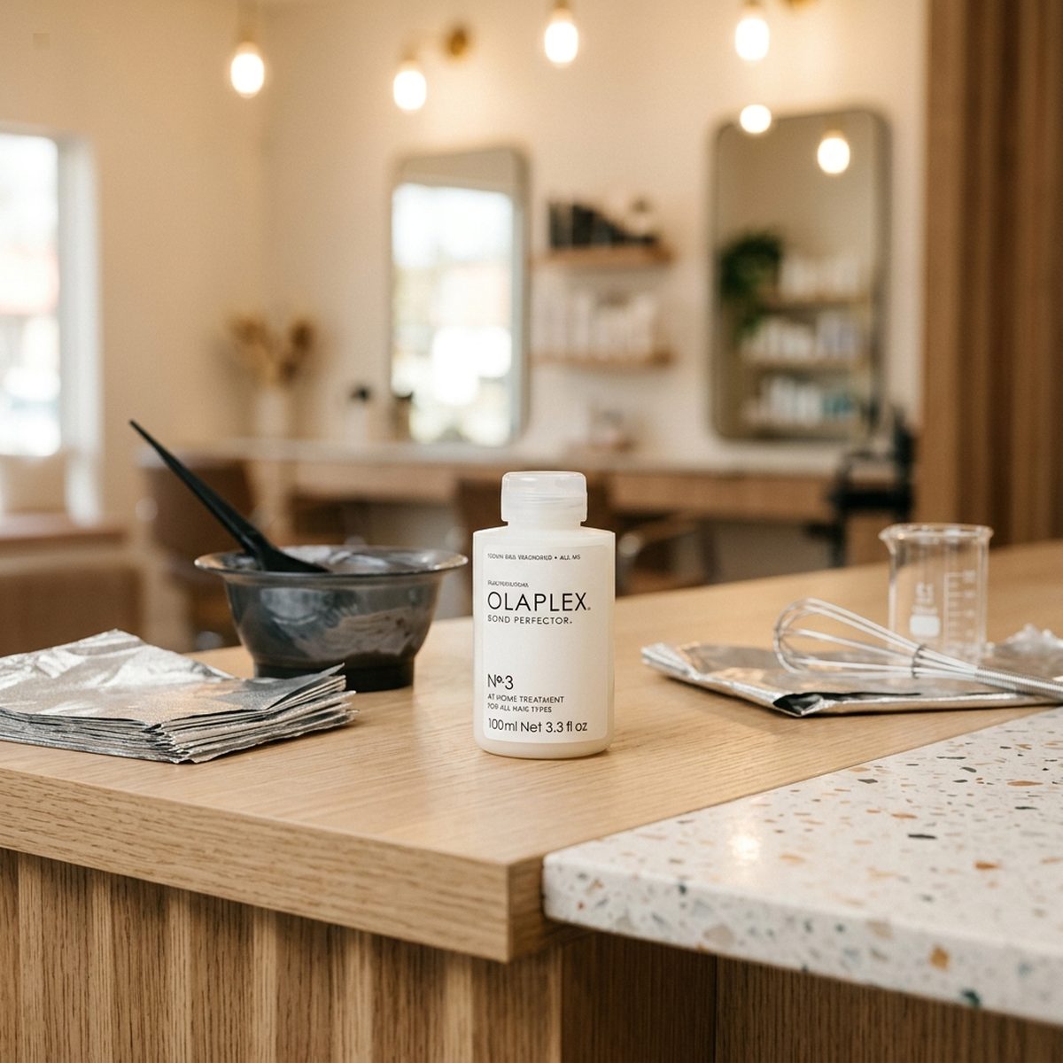 Olaplex bond repair treatment bottle with hair color tools on a salon counter at Moxi Hair Studio in McKinney, TX