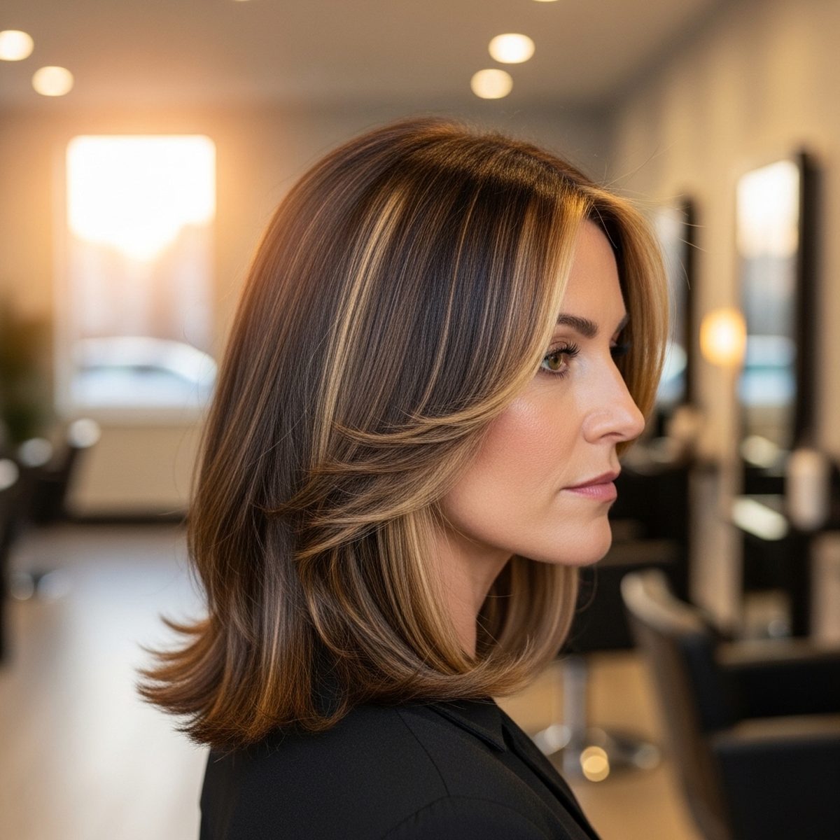 Woman in her 40s with dimensional honey and caramel partial highlights in shoulder-length brunette hair at Moxi Hair Studio in McKinney, TX