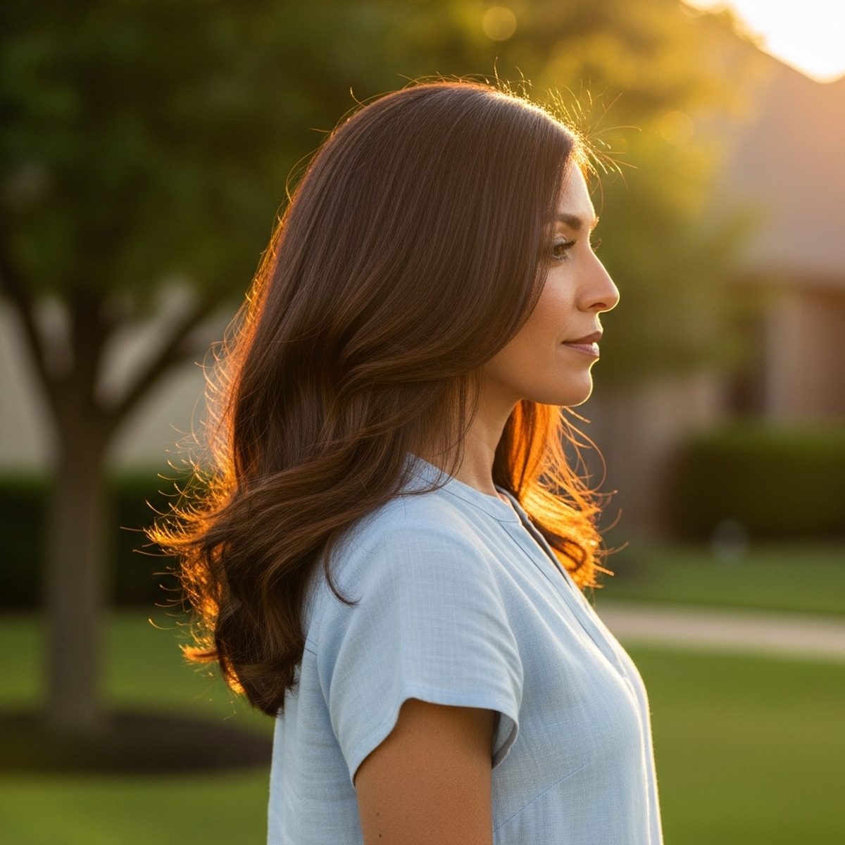 Woman with vibrant sun-protected hair color in warm golden Texas light at Moxi Hair Studio in McKinney, TX