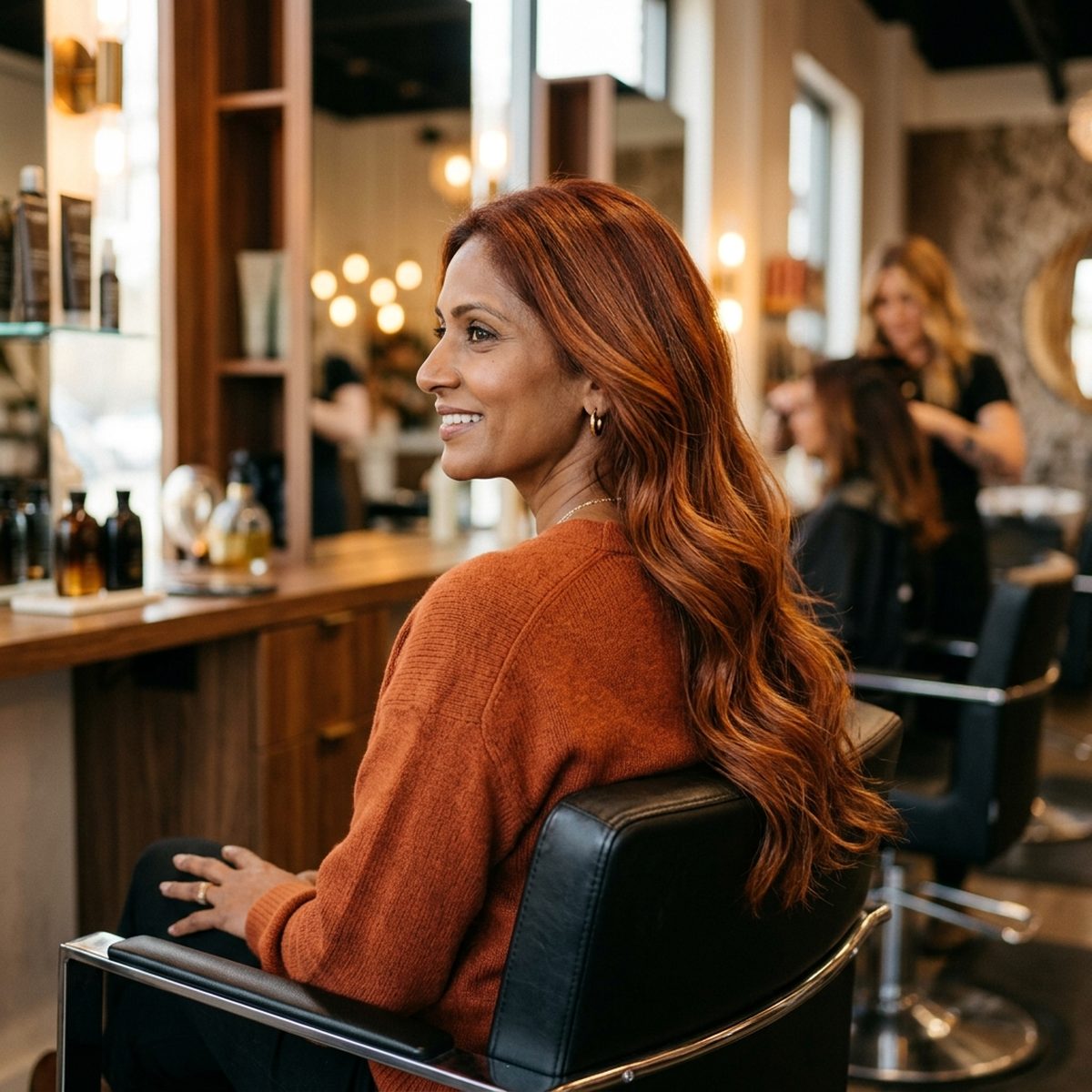 Soft auburn red hair color on a woman over 40 at Moxi Hair Studio in McKinney, TX