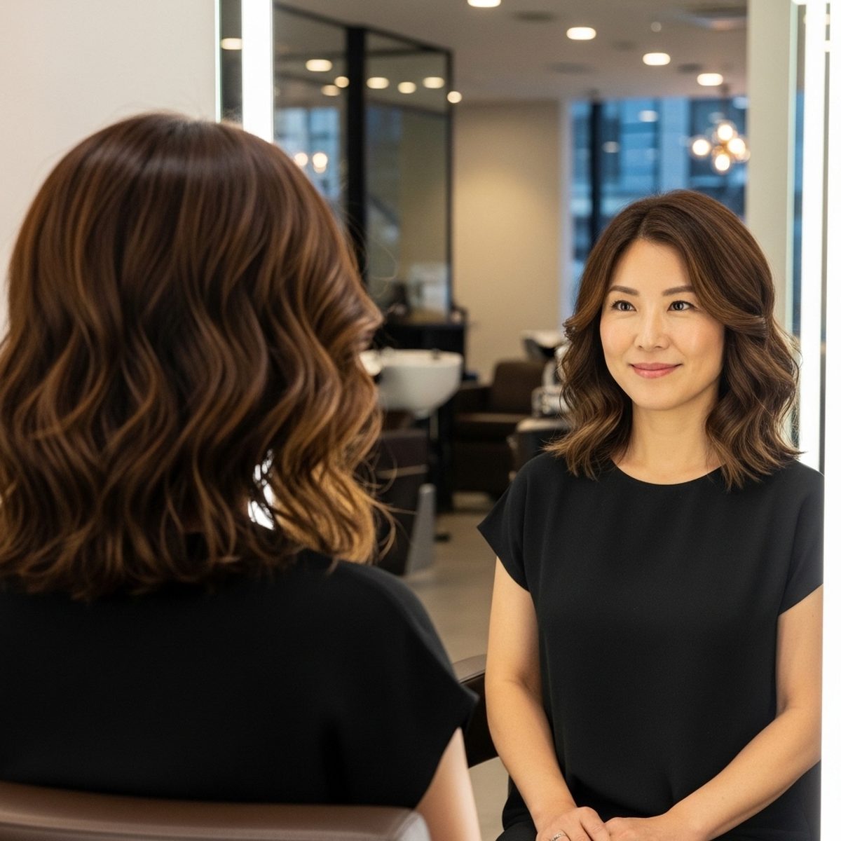 Thick wavy layered haircut with soft internal layers at Moxi Hair Studio in McKinney, TX
