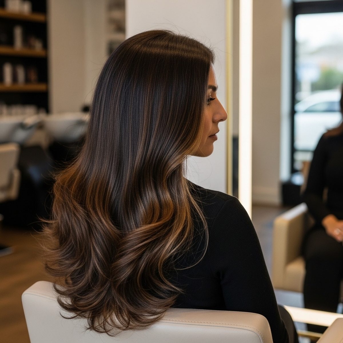 Woman with long seamless hair extensions showing natural blend and added length at Moxi Hair Studio in McKinney, TX