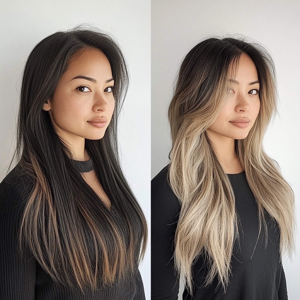 Before and after dark hair to blonde balayage color transformation at Moxi Hair Studio