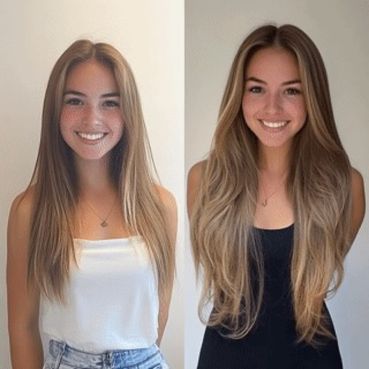 Before and after dimensional blonde balayage adding depth and volume at Moxi Hair Studio