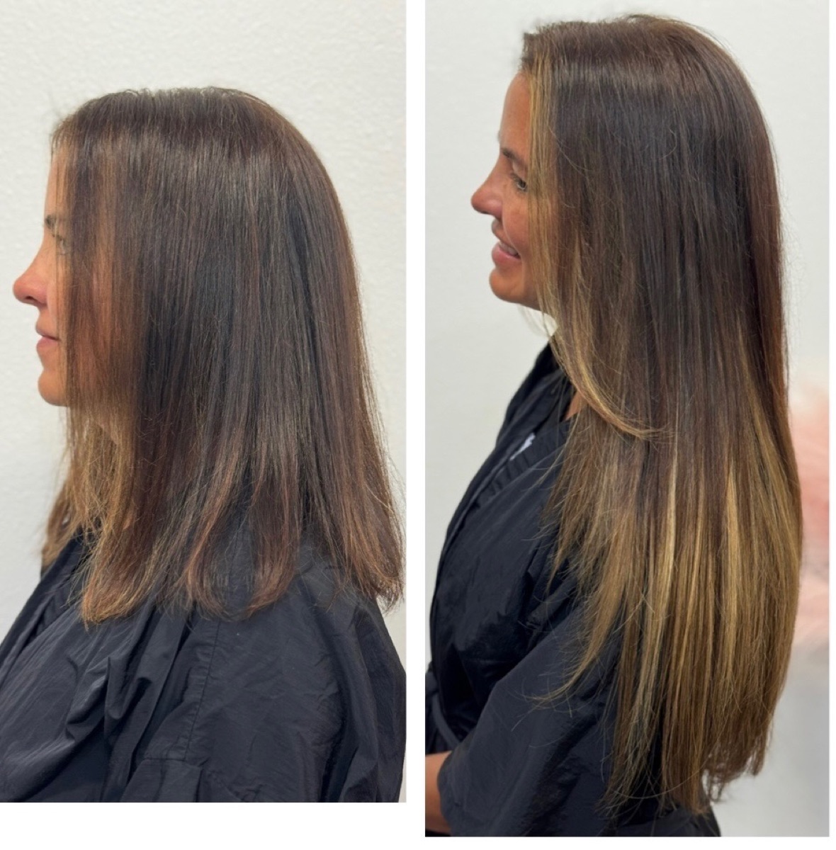 Before and after hair extensions adding length and subtle highlights in McKinney, TX