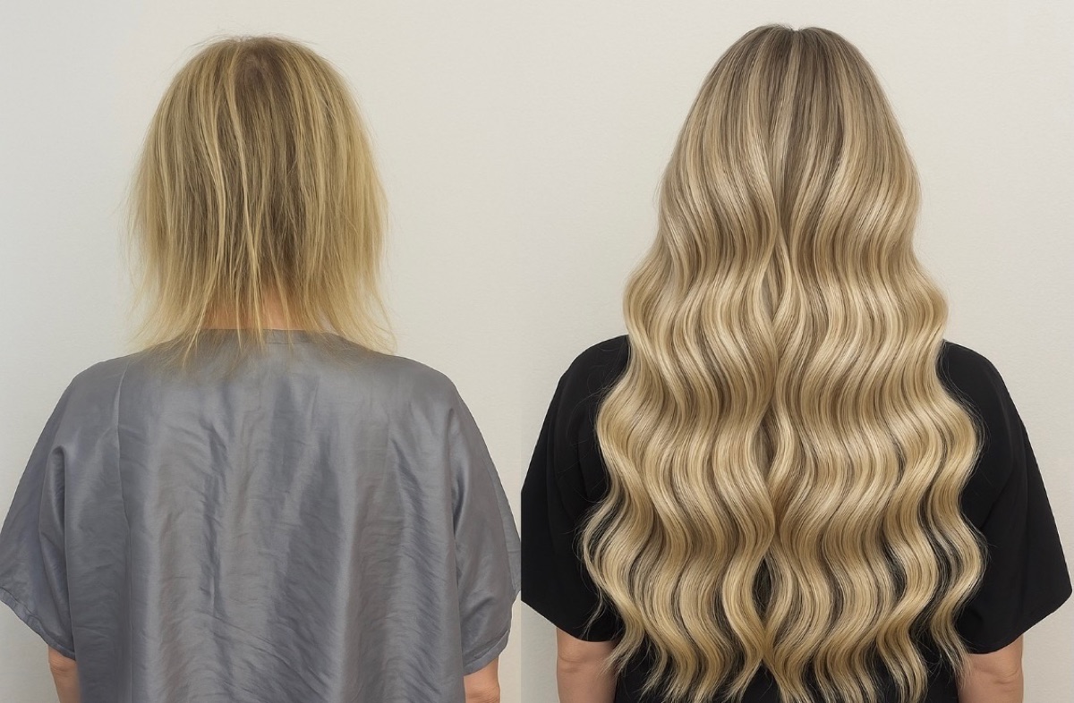 Before and after hair extensions, short blonde to long wavy blonde at Moxi Hair Studio in McKinney