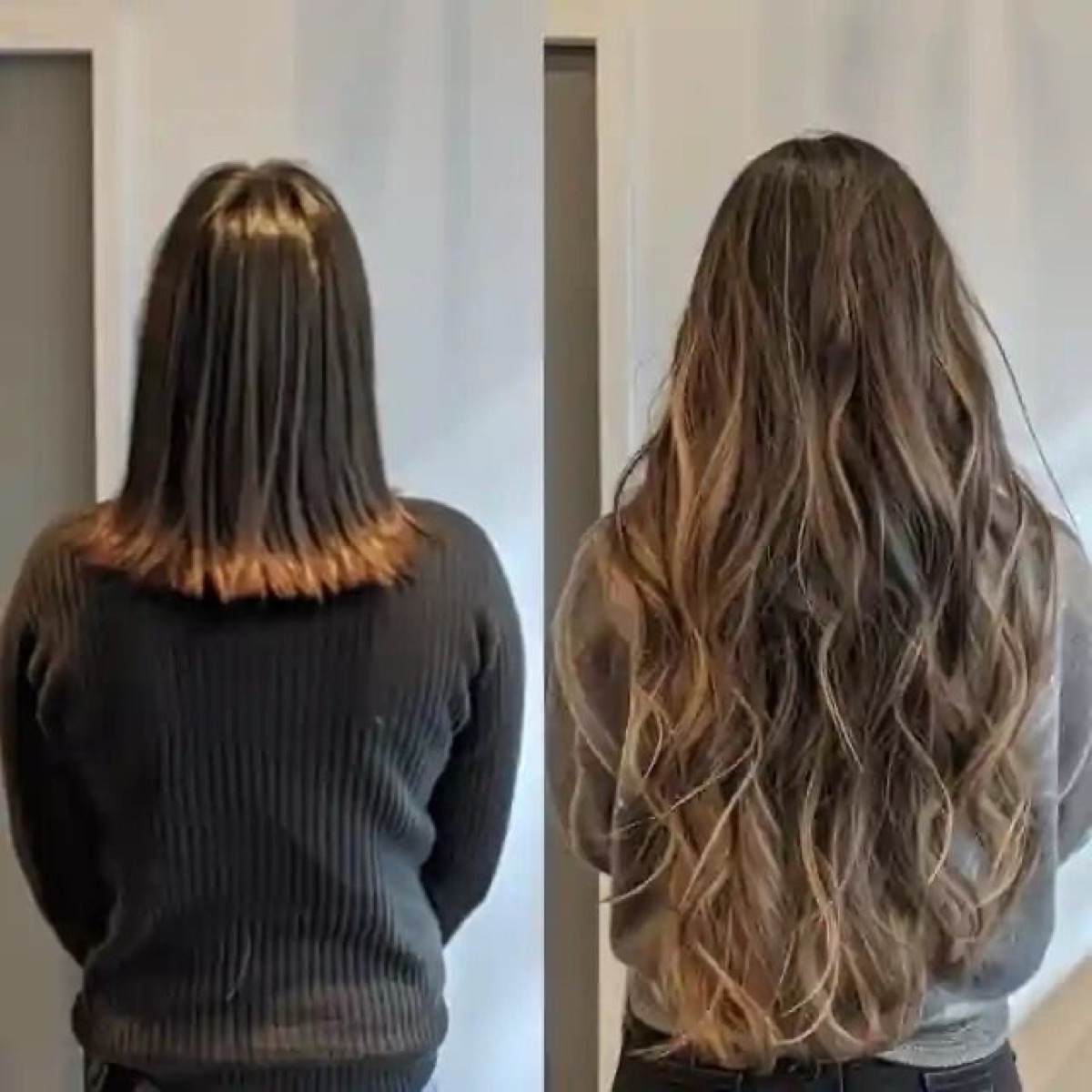 Before and after brunette hair extensions, short to long with highlights at Moxi Hair Studio