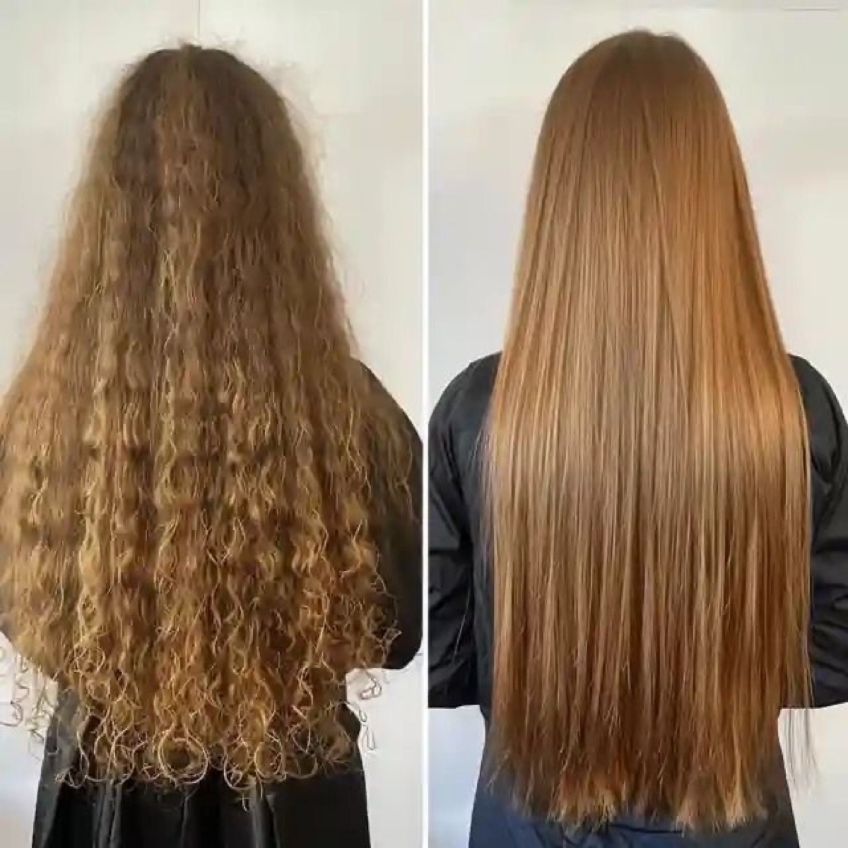 Before and after keratin smoothing treatment, curly to sleek straight hair at Moxi Hair Studio