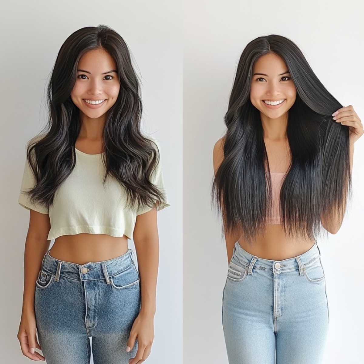 Before and after smoothing treatment on dark wavy hair at Moxi Hair Studio