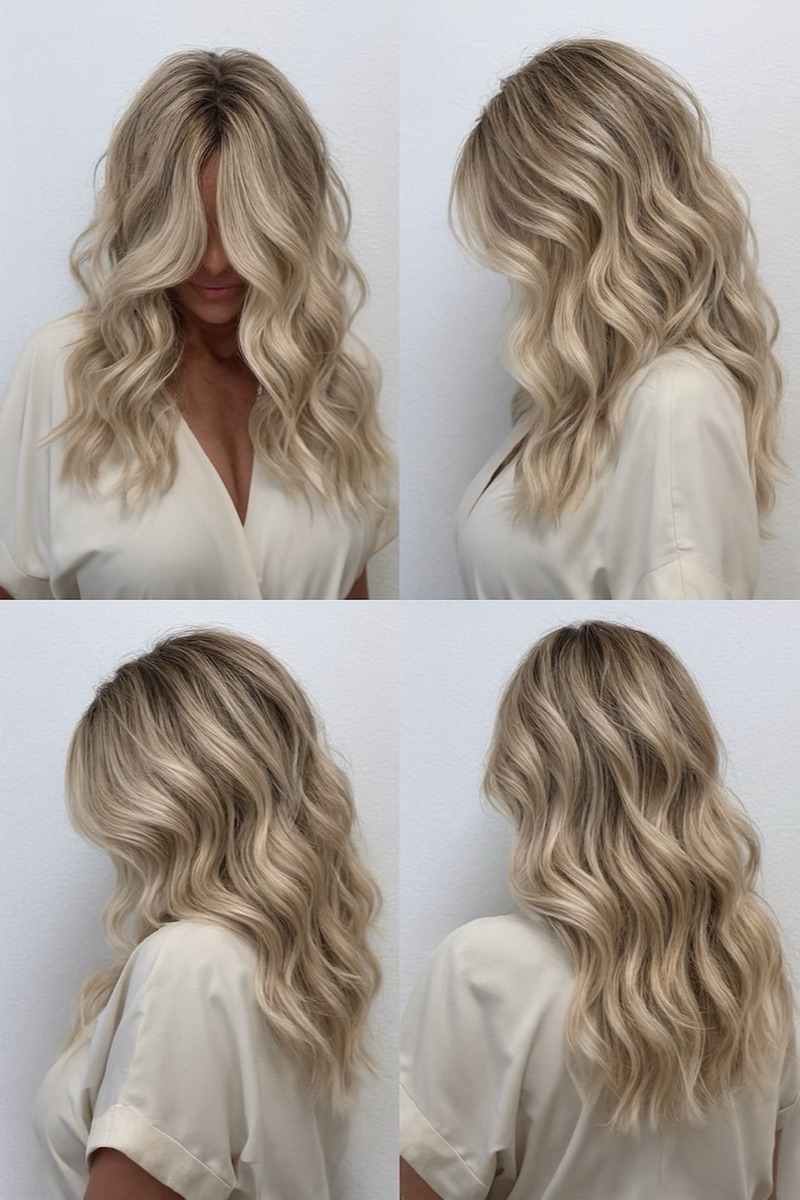 Blonde balayage on long wavy hair, four-angle view at Moxi Hair Studio in McKinney, TX