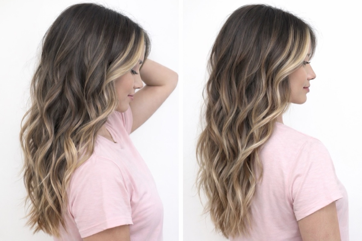 Brunette with blonde balayage highlights, front and side view at a McKinney hair salon