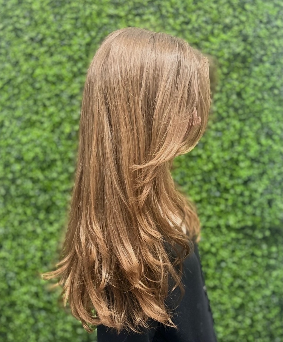 Caramel brown long layered haircut at Moxi Hair Studio, McKinney