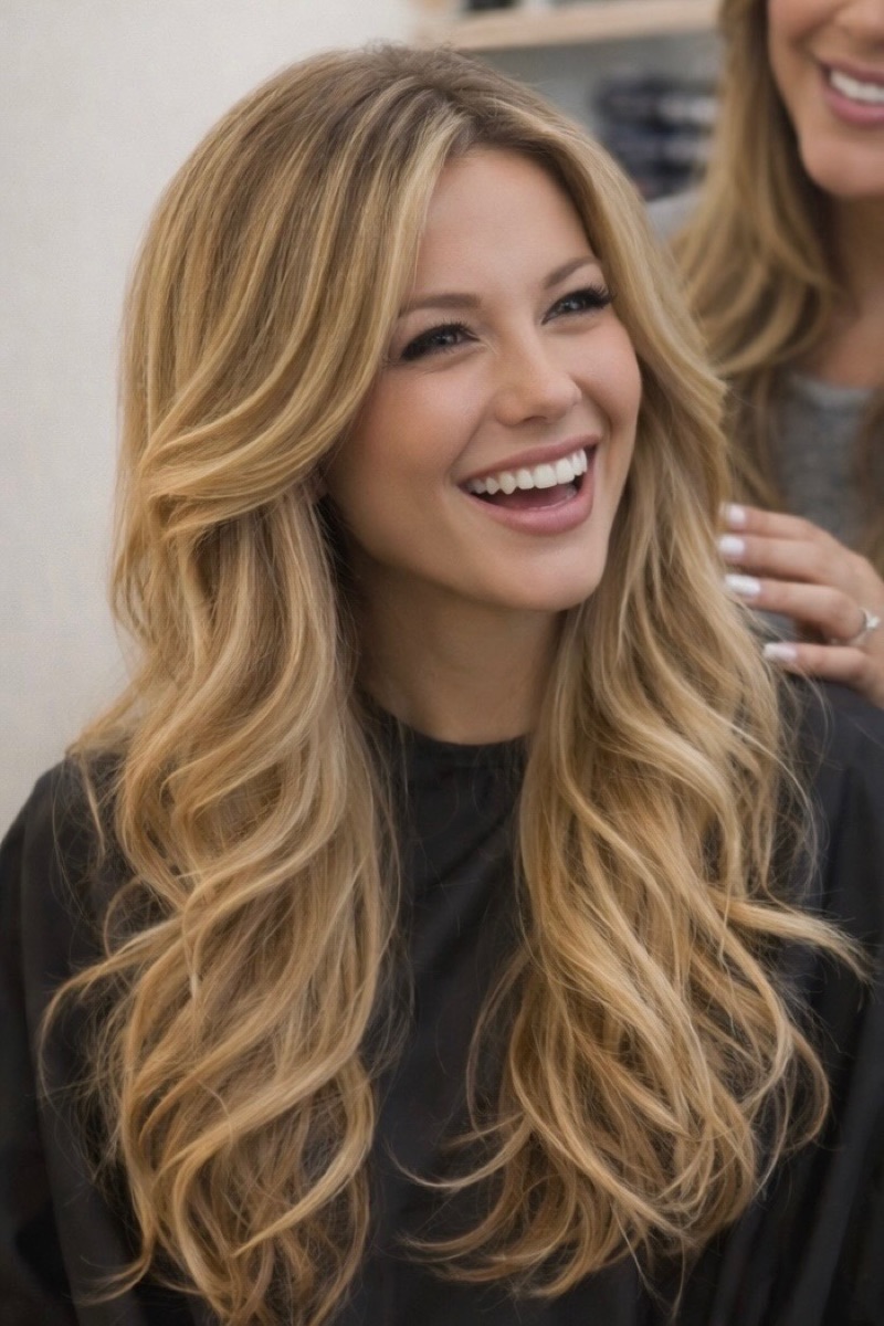 Golden blonde highlights with a wavy blowout at Moxi Hair Studio in McKinney, TX