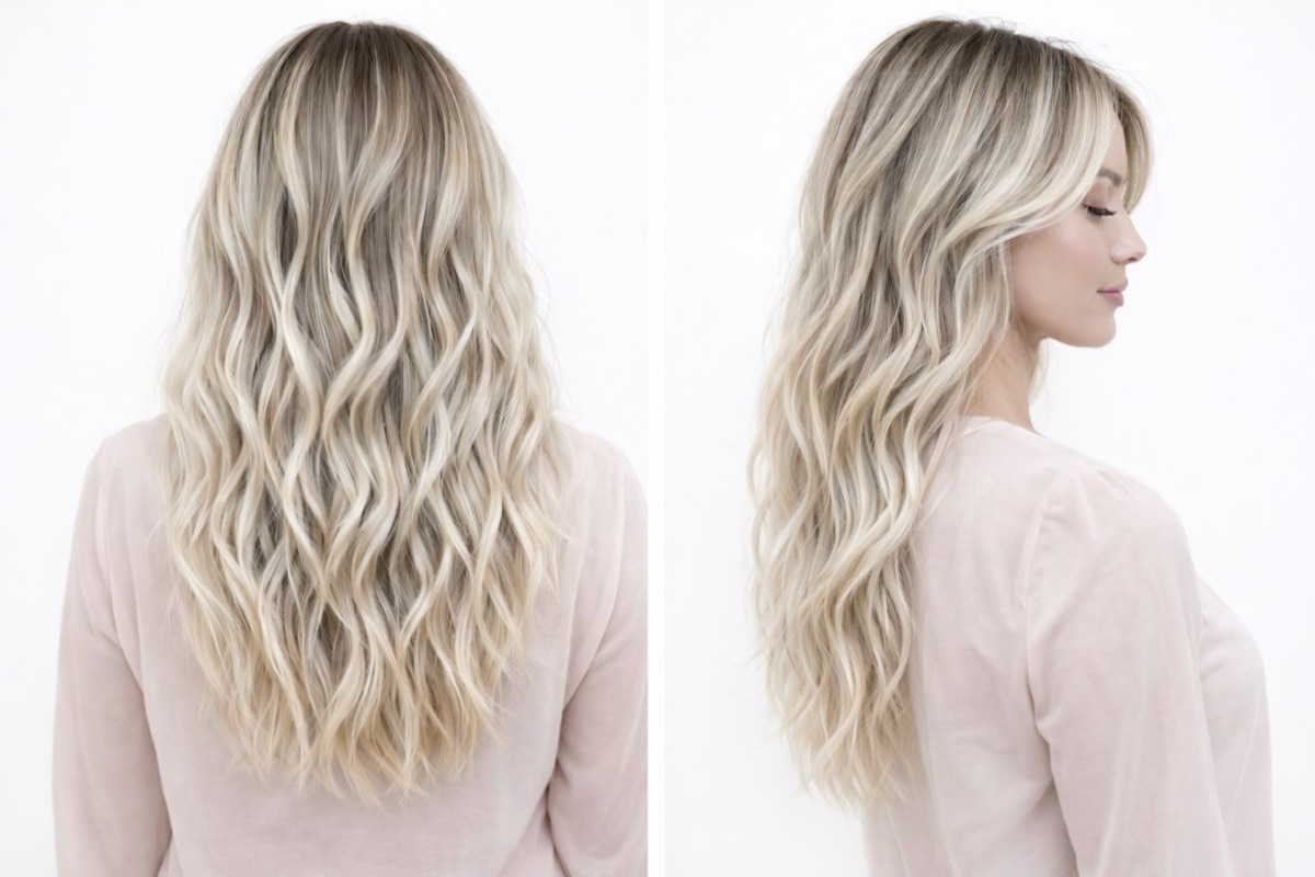 Platinum blonde balayage on long wavy hair at Moxi Hair Studio, McKinney