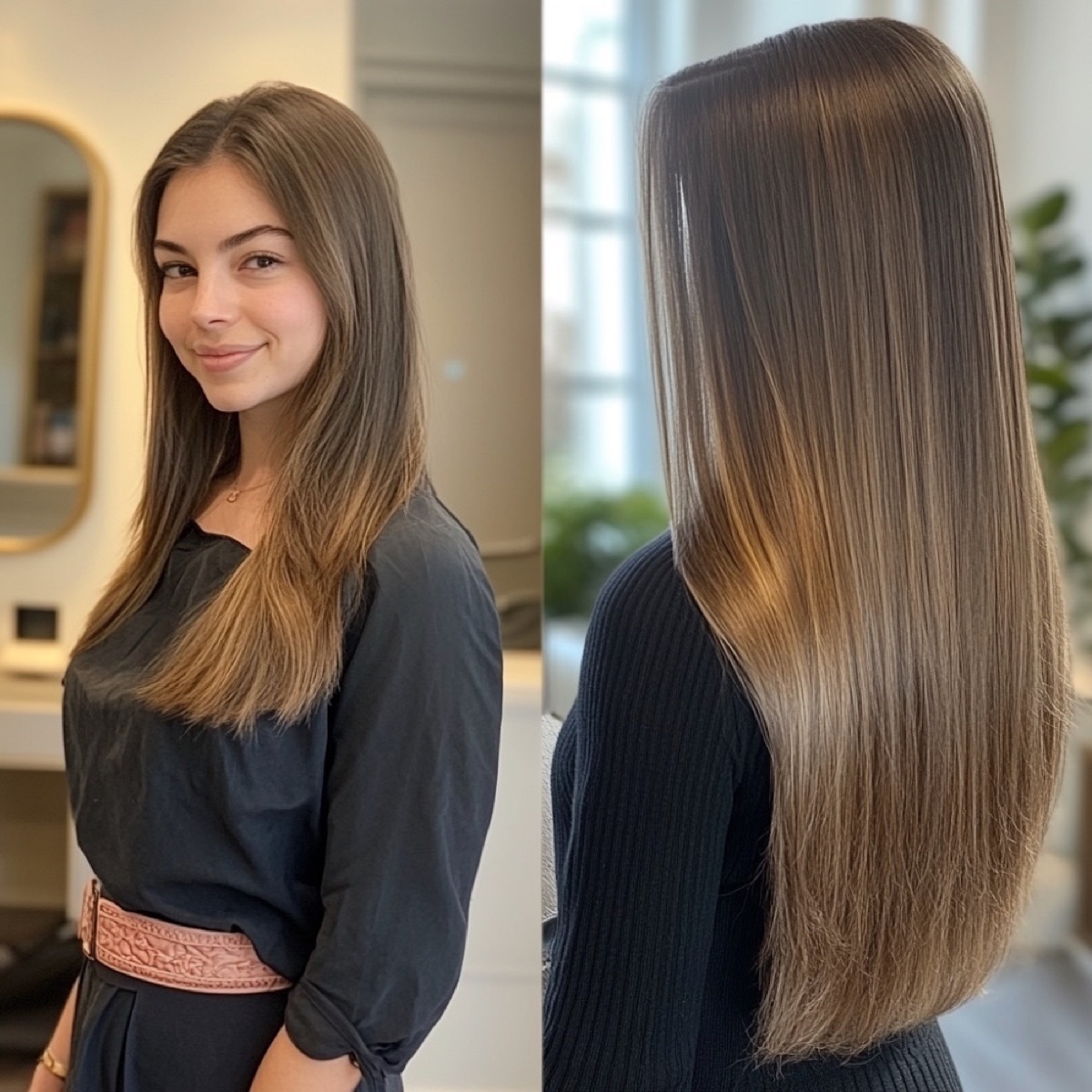 Sleek straightened brunette hair after a smoothing treatment at Moxi Hair Studio